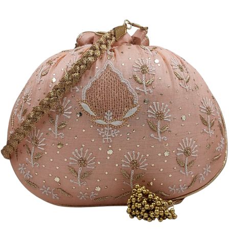 Beautiful Pink Chikankari Silk Round Potli Bag